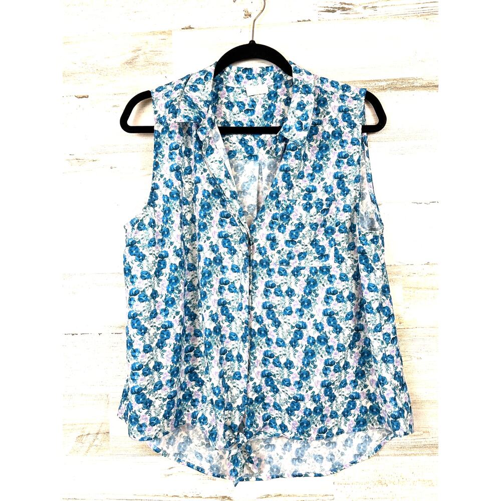 Ecru Womens XL Blue White Floral Sleeveless Button Up Light Summer Blouse Top
